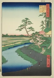 Basho#39;s Hut på Camellia Hill ved siden av Aquaduct at Sekiguchi (Sekiguchi josui-bata Bashoan Tsubakiyama), fra serien quot;One Hundred Famous Views of Edo (Meisho Edo hyakkei)quot;
