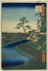 Basho#39;s Hut på Camellia Hill ved siden av Aquaduct at Sekiguchi, fra serien quot;One Hundred Famous Views of Edo (Meisho Edo Hyakkei)quot;