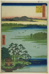 Benten Shrine and Inokashira Pond (Inokashira no ike Benten no yashiro), fra serien quot;One Hundred Famous Views of Edo (Meisho Edo hyakkei)quot;