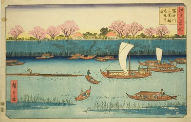 Kirsebærtrær langs Sumida-elvebredden ved Mimeguri Inari-helligdommen (Sumidagawa Mimeguri Inari tsutsumi no hana), fra serien "Famous Places in Edo (Edo meisho)"