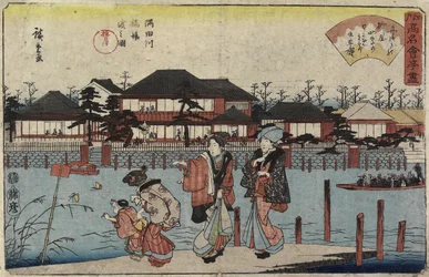 Krysser Sumida-elven ved Hashiba, Restaurant Yanagiya, 1830-1844