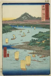 Dewa Province: Mogami River and a Distant View of Mount Gassan (Dewa, Mogamigawa, Gassan enbo), fra serien "Famous Places in the Sixty-odd Provinces (Rokujuyoshu meisho zue)"