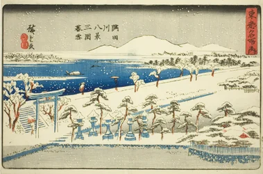 Kveldssnø ved Mimeguri, åtte utsikter over Sumida-elven (Sumidagawa hakkei, Mimeguri bosetsu), fra serien "Famous Places in the Eastern Capital (Toto meisho no uchi)"