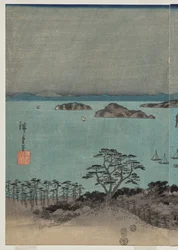 Kveldsutsikt over de åtte kjente stedene nær Kanazawa under fullmåne i Musashi-provinsen