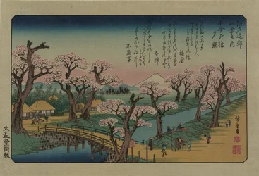 Kveldsglød ved Koganei Bridge. Fra serien Eight views in the environs of Edo, 1838.