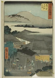 Fuchu: Miroku nichome, Abekawa (Fuchu, Abekawa Miroku nichome), nr. 20 fra serien «Berømte severdigheter fra de femtitre stasjonene (Gojusan tsugi meisho zue)», også kjent som den vertikale Tokaido