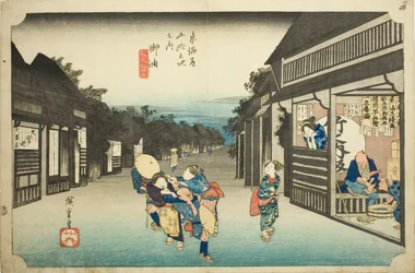 Goyu: Women Stopping Traveler (Goyu tabibito tomeru onna), fra serien «Fifty-tre stations of the Tokaido (Tokaido gojusan tsugi no uchi),» også kjent som Hoeido Tokaido