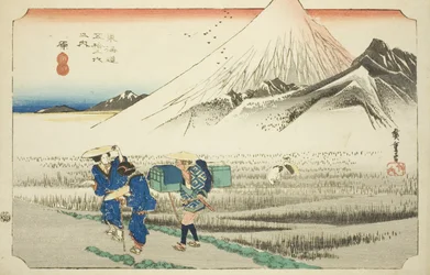 Hara: Mount Fuji in the Morning (Hara, asa no Fuji), fra serien "Fifty-three Stations of the Tokaido Road (Tokaido gojusan tsugi no uchi)," også kjent som Hoeido Tokaido