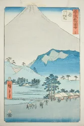 Hara: Utsikt over Ashitaka-fjellene og Fuji-fjellet (Hara, Ashitakayama Fuji chobo), nr. 14 fra serien "Famous Sights of the Fifty-three Stations (Gojusan tsugi meisho zue)," også kjent som den vertikale Tokaido