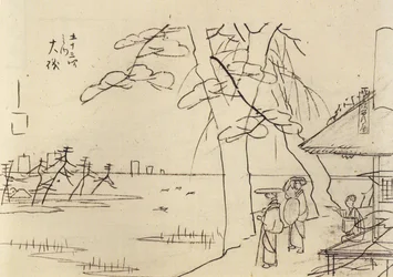 Hiroshige, folk med utsikt over vannet
