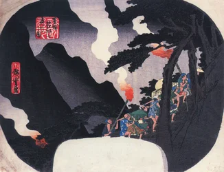 Hiroshige-reisende på en fjellsti om natten
