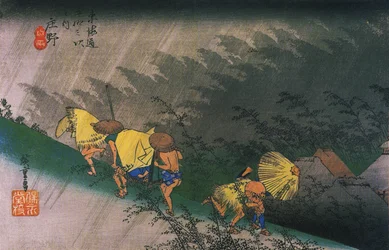 Hiroshige, reisende overrasket av plutselig regn