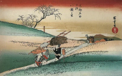 Hiroshige-kvinner går på en vei gjennom åkrene