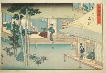 Ishibe – Nei. 52, fra serien "Fifty-three Stations of the Tokaido (Tokaido gojusan tsugi)," også kjent som Reisho Tokaido