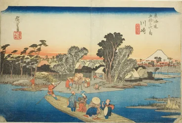 Kawasaki: Rokugo Ferry (Kawasaki, Rokugo watashibune), fra serien "Fifty-three Stations of the Tokaido (Tokaido gojusan tsugi no uchi)," også kjent som Hoeido Tokaido