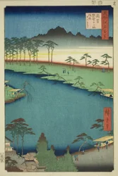 Kumano Junisha-helligdommen i Tsunohazu, populært kjent som Juniso (Tsunohazu Kumano Junisha, zokusho Juniso), fra serien "One Hundred Famous Views of Edo (Meisho Edo hyakkei)"