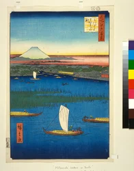 Myraktig øy utenfor munningen av elven Sumida, med Edo og Fuji-fjellet i det fjerne, ca. 1857, (farget treblokktrykk)