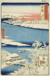 Musashi Province: Morning after Snow on the Sumida River (Musashi, Sumidagawa yuki no Ashita), fra serien "Famous Places in the Sixty-odd Provinces (Rokujuyoshu meisho zue)"
