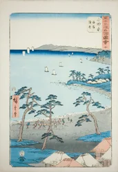 Odawara: Fiskerhusene på stranden (Odawara, kaigan gyosha), nr. 10 fra serien «Berømte severdigheter fra de femtitre stasjonene (Gojusan tsugi meisho zue)», også kjent som den vertikale Tokaido
