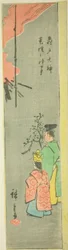 Tilbyr Colza ved Kameido Tenjin-helligdommen (Kameido Tenjin natane no jinji), del av et ark fra serien "Utklippte bilder av kjente steder i Edo (Edo meisho harimaze zue)"