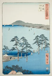 Oiso: Saigyos hytte ved Shigitatsu-myren (Oiso, Shigitatsusawa Saigyoan), nr. 9 fra serien «Det berømte synet av de femtitre stasjonene (Gojusan tsugi meisho zue)», også kjent som den vertikale Tokaido