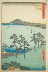 Oiso: Saigyos hytte ved Shigitatsu-myren (Oiso, Shigitatsusawa Saigyoan), nr. 9 fra serien «Det berømte synet av de femtitre stasjonene (Gojusan tsugi meisho zue)», også kjent som den vertikale Tokaido