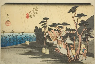 Oiso: Toras regn (Oiso, Tora ga ame), fra serien «Femtitre stasjoner på Tokaido-veien (Tokaido gojusan tsugi no uchi)», også kjent som Hoeido Tokaido