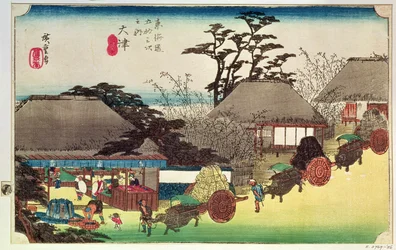 Otsu, illustrasjon fra "Fifty Three Stations of the Tokaido Road", pub. av Takenouchi Magohachi, ca. 1831-4 (farget treblokk)