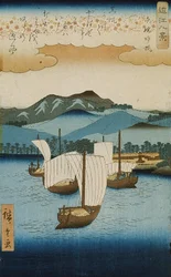 Returning Sails at Yabase fra serien Eight Views of Omi, ca. 1855-8 (farget treblokktrykk)