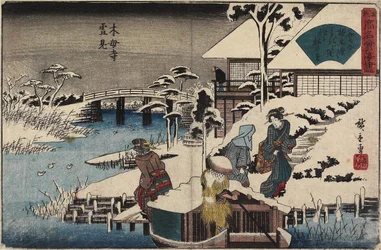 Snøscene ved Mokubo-ji-tempelet og restauranten Uekiya, ca. 1835-1842