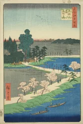 The Entwined Camphor Trees at Azuma Shrine (Azuma no mori Renri no azusa), fra serien "One Hundred Famous Views of Edo (Meisho Edo hyakkei)"