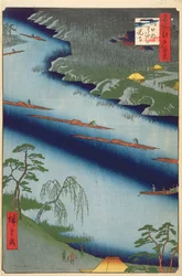 Kawaguchi-fergen og Zenkoji-tempelet, fra hundre kjente utsikter over Edo, 1857 (fargetrykk av treblokk)