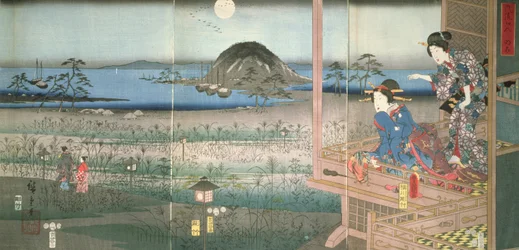 Lady Fujitsubo ser på prins Genji som drar i måneskinnet, 1853, (farget treblokktrykk)