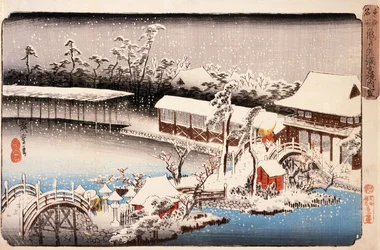 Utsikt over Kameido Tenmangū-helligdommen i snø