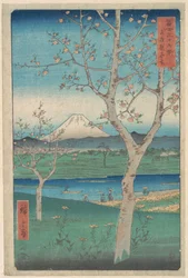 Utsikt over Fuji-fjellet fra Koshigaya i Musashi-provinsen (Musashi, Koshigaya Zai), fra serien Trettiseks utsikter over Fuji-fjellet (Fugaku sanjūrokkei)