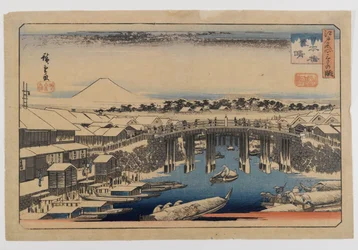 Utsikt over Nihonbashi Bridge, Edo (Edo Meisho) (treblokktrykk, farge på papir)