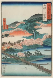 Yamashiro-provinsen: Togetsu-broen i Mount Arashi (Yamashiro, Arashiyama Togetsukyo), fra serien quot;Famous Places in the Sixty-odd Provinces (Rokujuyoshu Meisho Zue)quot;