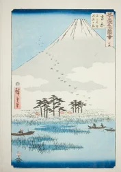 Yoshiwara: Fuji Marsh og Ukishima Plain (Yoshiwara, Fuji no numa ukishima ga hara), nr. 15 fra serien "Famous Sights of the Fifty-three Stations (Gojusan tsugi meisho zue)," også kjent som den vertikale Tokaido