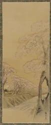 Landskap: blomstrende kirsebærtrær langs bredden av en bekk, Edo-perioden, 1615-1868.