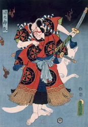 Bando Kamezo som Yokawa Kakuhan i en scene fra Sembonzakura, pub. 1856.