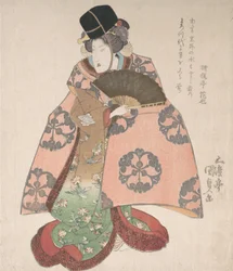 Kabuki-skuespiller i en kvinnelig rolle som står med en fan, 1800-tallet., 1800-tallet.