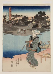 Utsikt over Kawasaki (Kawasaki no zu) (farget treblokktrykk)