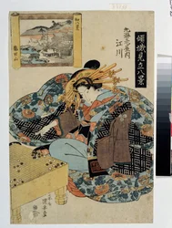 Egawa fra Maruebiya-huset (Serie om kurtisaner som personifiserer 8 visninger av Japan). Egawa fra Maruebiya-huset (Fra serien The Courtesans personifying The eight views of Japan). Trykk av Utagawa Yasugoro Kuniyasu (1794-1832), ca. 1820. Ukiy