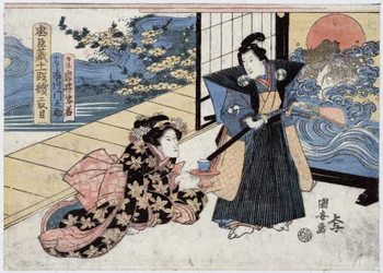 Japan, akt II av Chushingura, fortellingen om de 47 Ronin (eller 47 Samurai): Rikiya, med sverd og vifte, står ved siden av Konami, kneler på gulvet og tilbyr ham en kopp te, gravering av Utagawa Kuniyasu