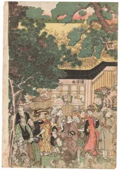 En gruppe skuespillere på vei til Oji (Inari jinja)-helligdommen på nyttårsdag, signert Kuniyoshi, kiwame-sel, Oban tate-e triptych (farget treblokktrykk)