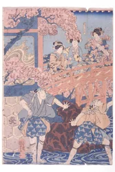 Bandō Hikosaburō IV som Ashikaga Yoshimasa og Ichikawa Kodanji IV som Asakura Tōgo fra kabuki-stykket Higashiyama sakura sōshi