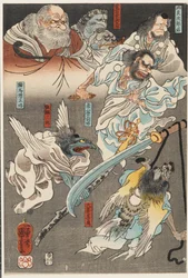 Minamoto Yoshitsune kjemper mot Benkei på Gojō Bridge, med hjelp av tengu-demoner
