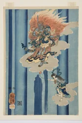 Mongaku Shonin under fossen (midt) (farget treblokktrykk)
