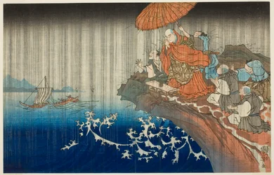 Praying for Rain at Ryozengasaki i Kamakura, 1271 (Bun#39;ei hachi Kamakura Ryozengasaki ame inoru), fra serien quot;Concise Illustrated Biography of the Great Priest [Nichiren] (Koso go ichidai ryakuzu)quot;