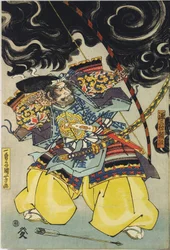 Ark fra en triptyk med farget treblokk, som viser Minamoto no Yorimasa, hjulpet av Ii Hayata og Watanabe Choshichi, som skyter ned nue fra taket til keiser Konoes palass: Japan, Edo, av Utagawa Kuniyoshi, ca. 1820–1825